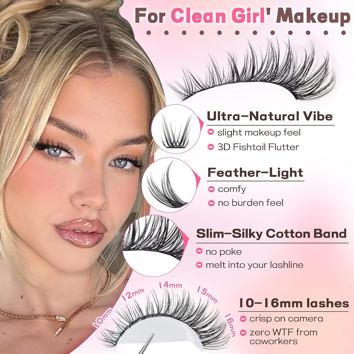 Grunsify Wispy Cluster Lashes, Naturally Blended, 10-16mm, Fluffy and Lightweight, Suitable for Everyday Makeup Applications.